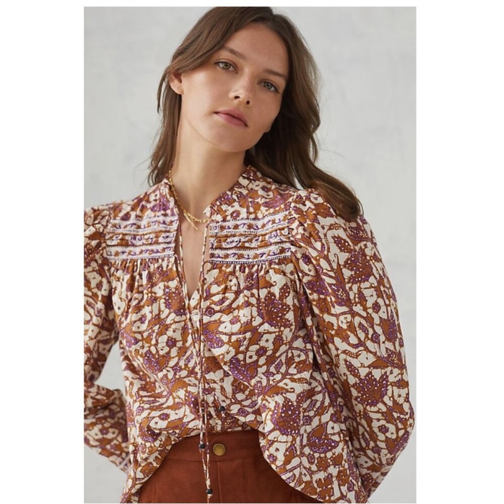 Printed Long-Sleeve Peasant Blouse in Brown and Purple